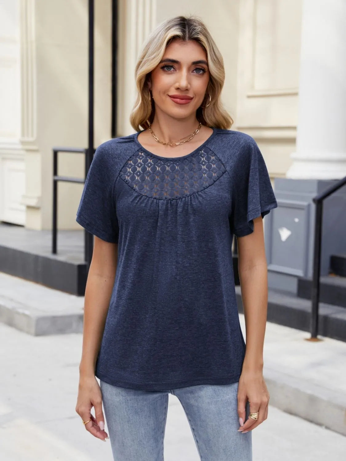 Lace Detail Round Neck Short Sleeve Blouse OutfitFlow