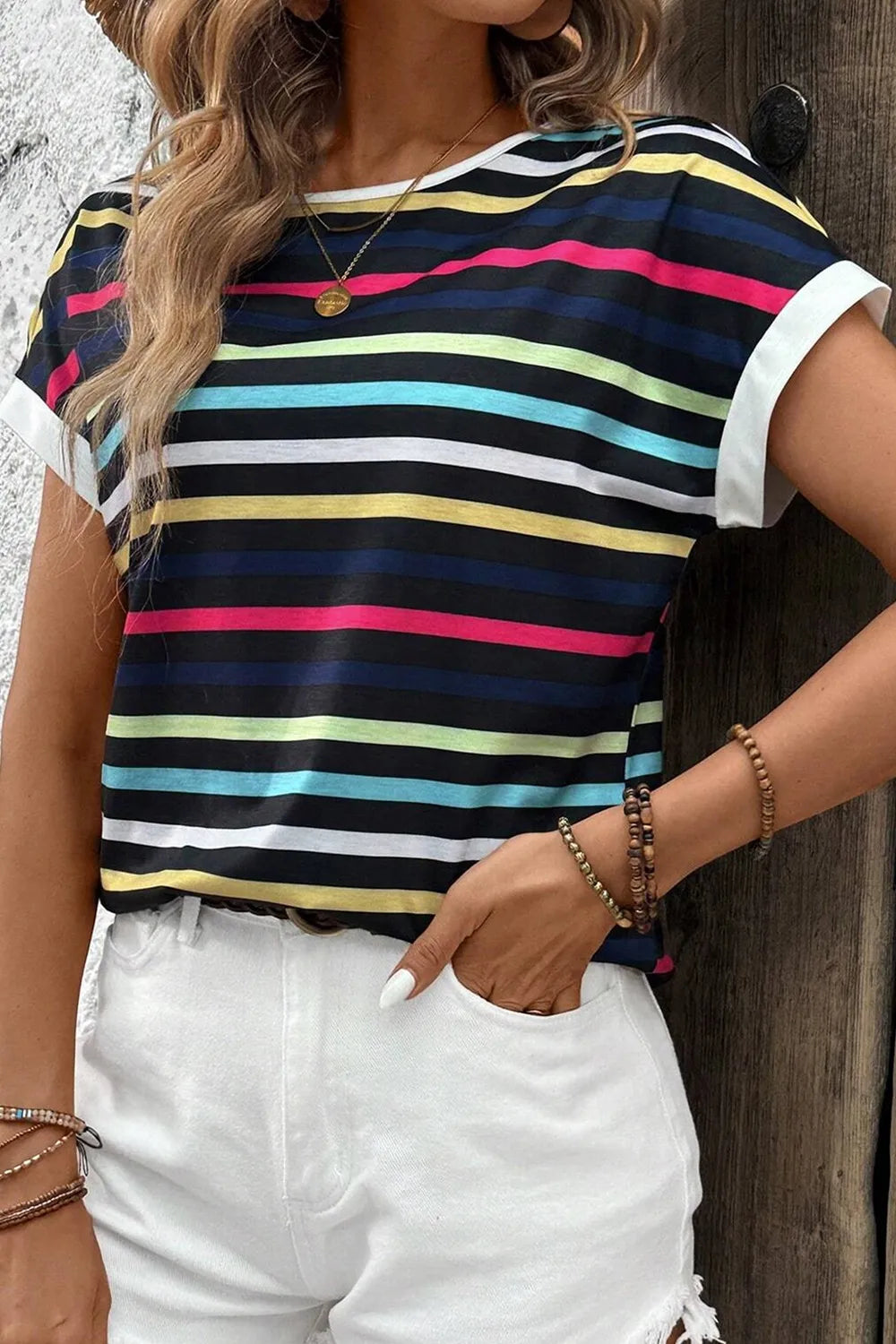 Colorful Striped Short Sleeve Casual T-Shirt OutfitFlow