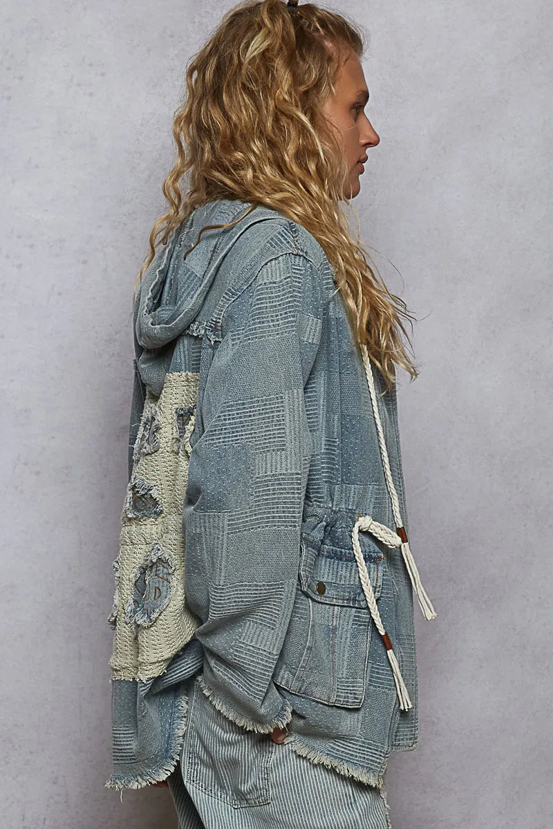 POL Raw Hem Drawstring Zip Up Hooded Denim Jacket OutfitFlow