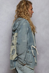POL Raw Hem Drawstring Zip Up Hooded Denim Jacket OutfitFlow
