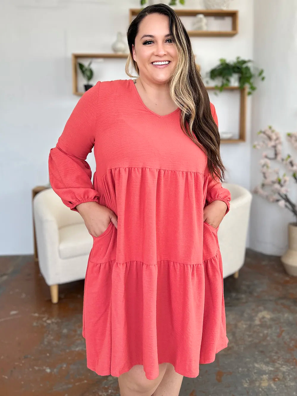 Double Take Full Size V-Neck Balloon Sleeve Tiered Dress with Pockets OutfitFlow