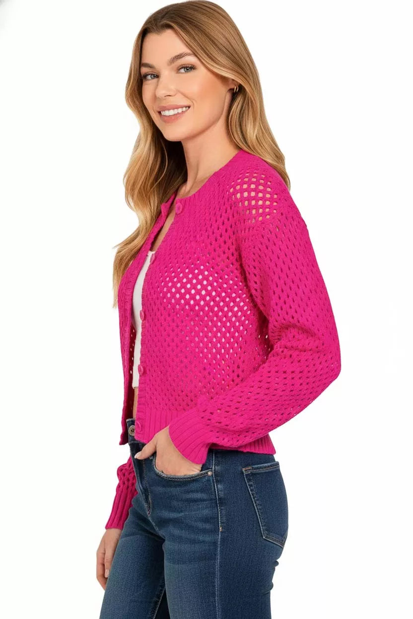 Zenana Button Down Lightweight Crochet Cardigan Sweater OutfitFlow