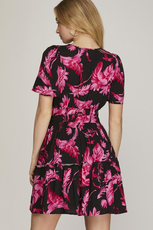 She + Sky Full Size Printed Notched Short Sleeve Frill Tiered Dress Plus Size OutfitFlow