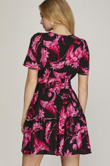 She + Sky Full Size Printed Notched Short Sleeve Frill Tiered Dress Plus Size OutfitFlow