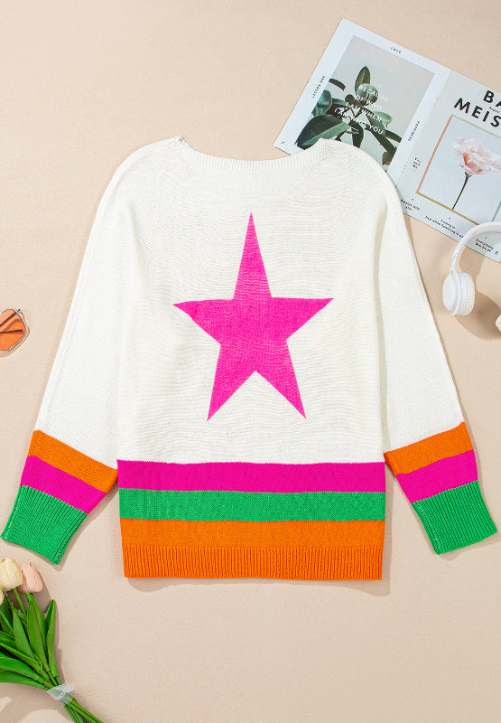 Outfit Flow - Star Contrast Round Neck Long Sleeve Knit Top