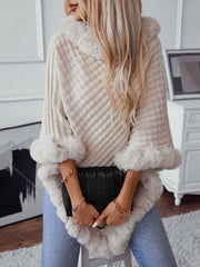 Outfit Flow - Fuzzy Trim Texture Three-Quarter Sleeve Poncho