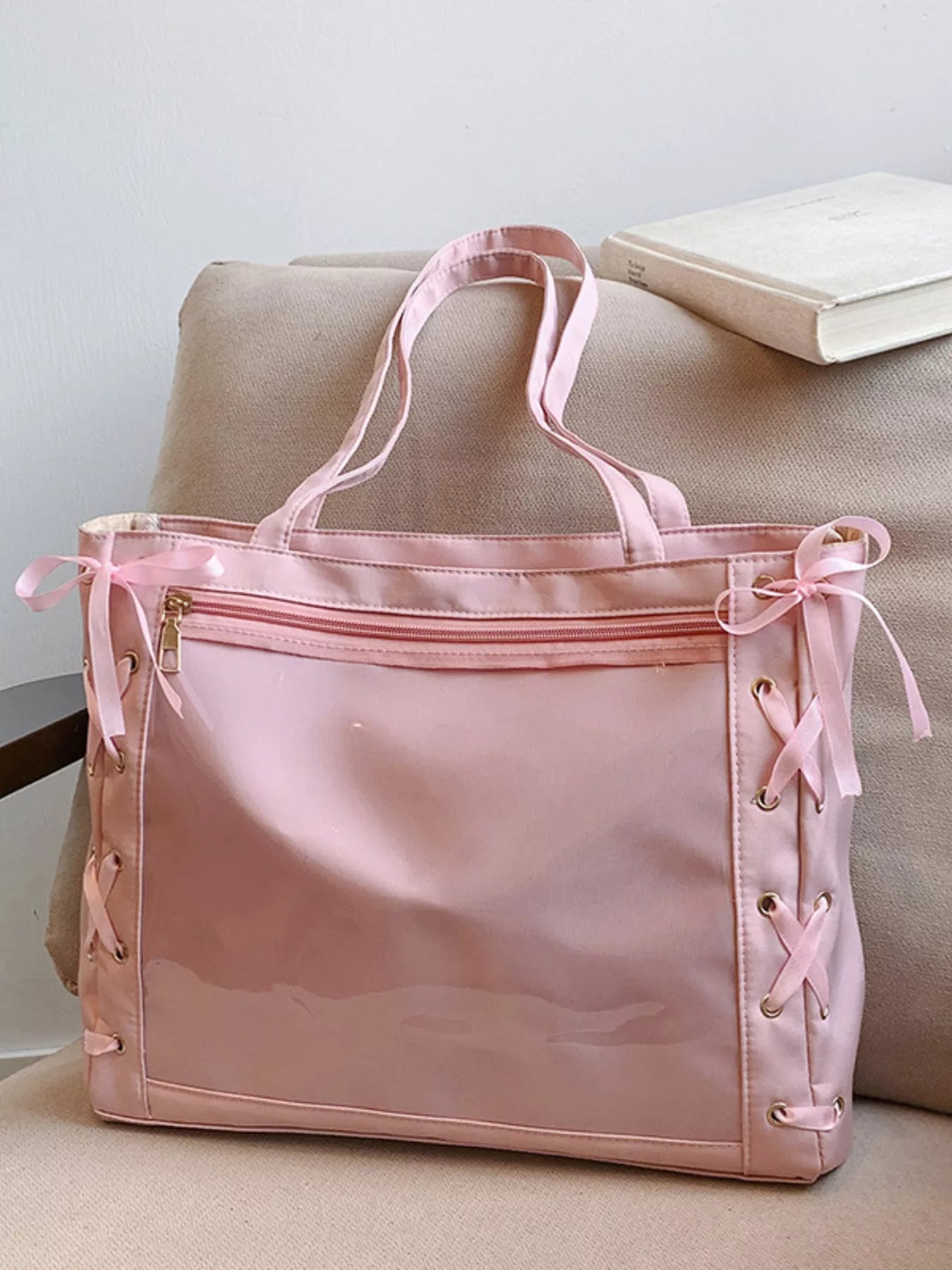 Lace-Up Trim Clear Panel Shoulder Bag OutfitFlow