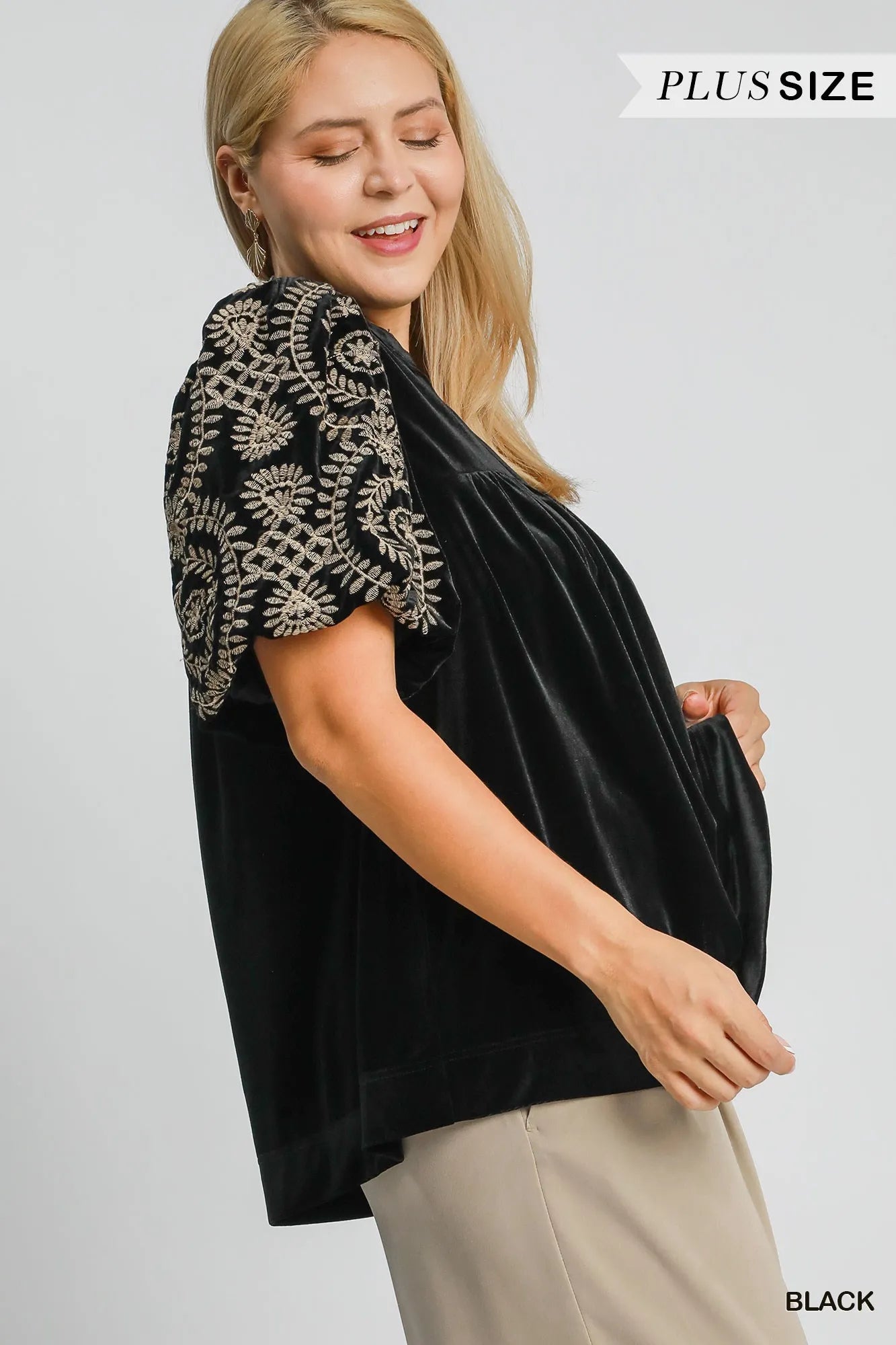 Umgee Full Size Velvet Embroidered Sleeve Blouse Plus Size OutfitFlow