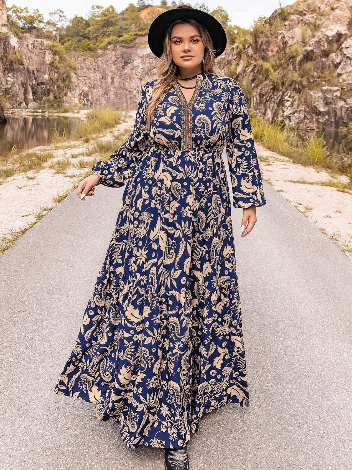 Plus Size Floral Print Long Sleeve Maxi Dress Dark Blue Trendsi