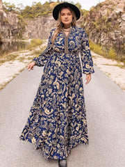 Plus Size Floral Print Long Sleeve Maxi Dress Dark Blue Trendsi