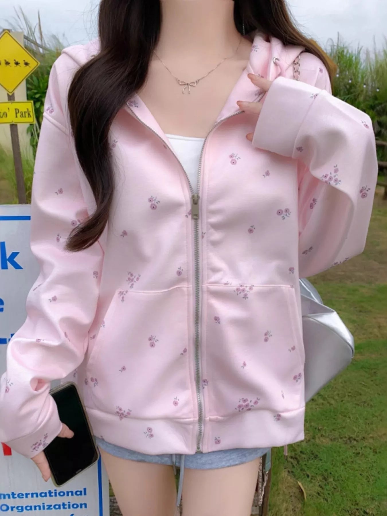 Floral Print Zip-Up Hoodie Pink OutfitFlow