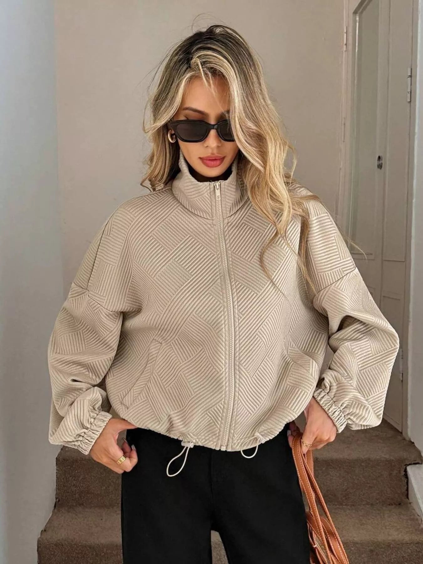 Drawstring Hem Textured Long Sleeve Jacket OutfitFlow