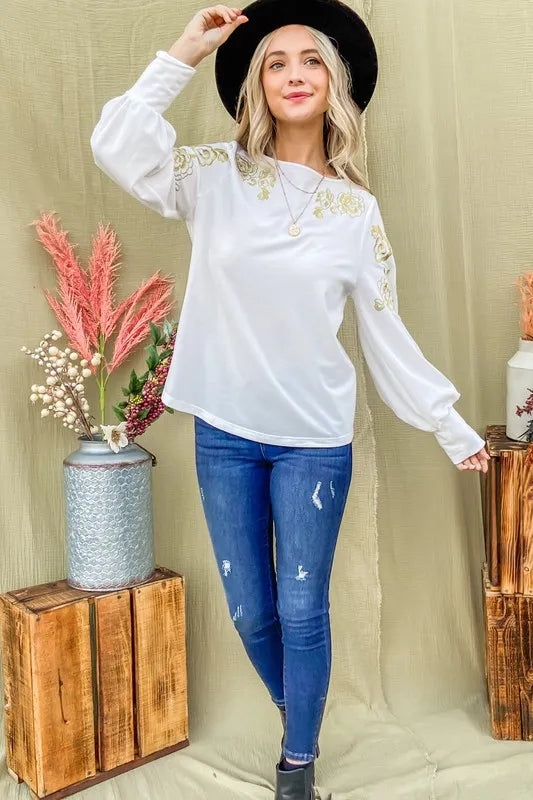 And The Why Flower Gold Embroidery Shoulder Detailed Top OutfitFlow