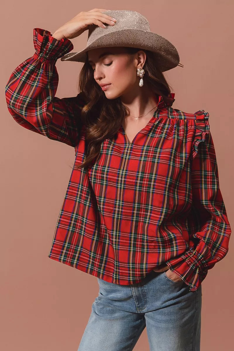 SO ME Christmas Checkered Plaid Smocked Blouse OutfitFlow