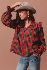 SO ME Christmas Checkered Plaid Smocked Blouse OutfitFlow