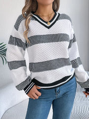 Contrast Striped V-Neck Sweater OutfitFlow