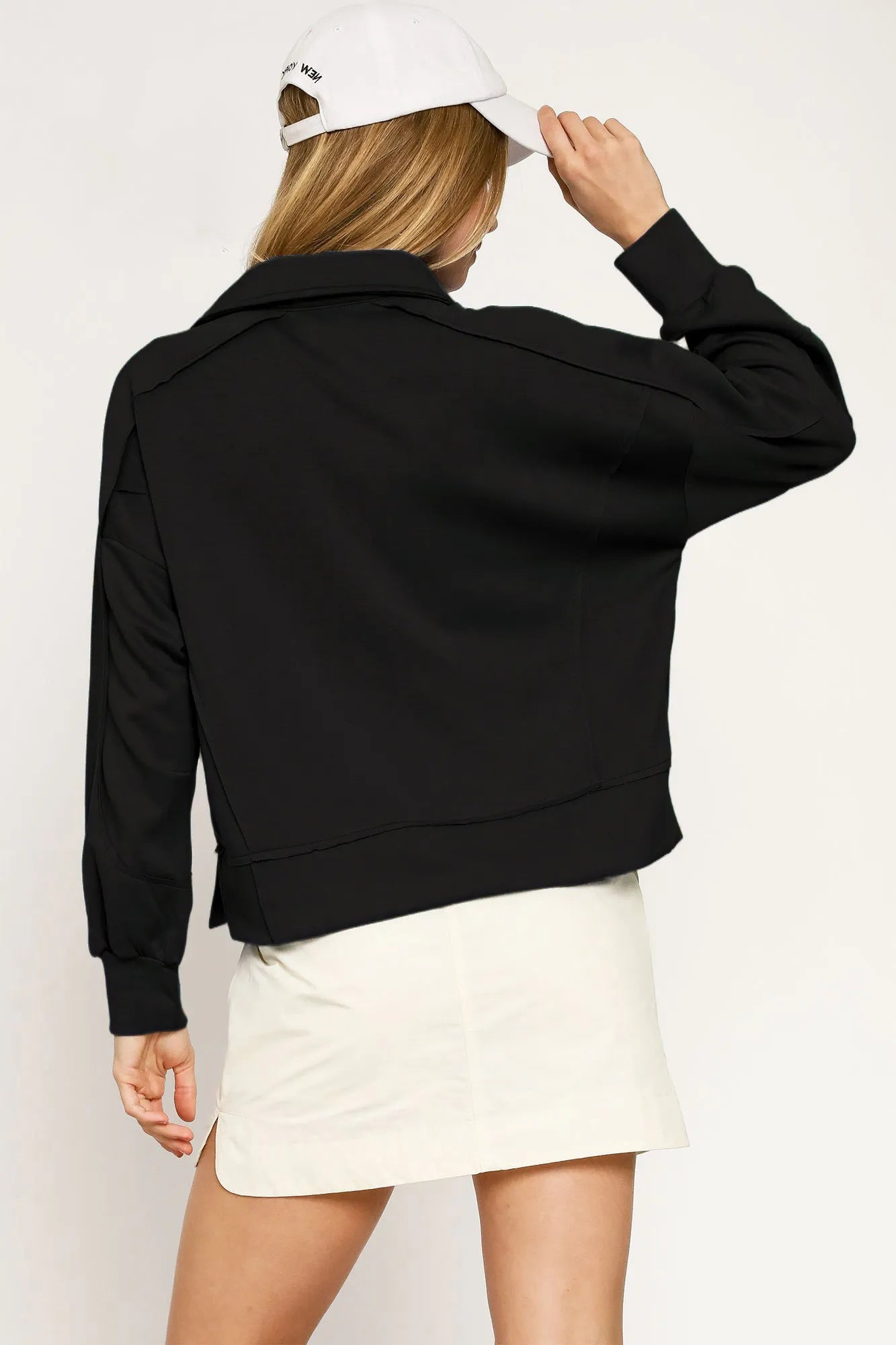 Umgee Collared Neck Long Sleeve Top with Raw Hem Detail OutfitFlow