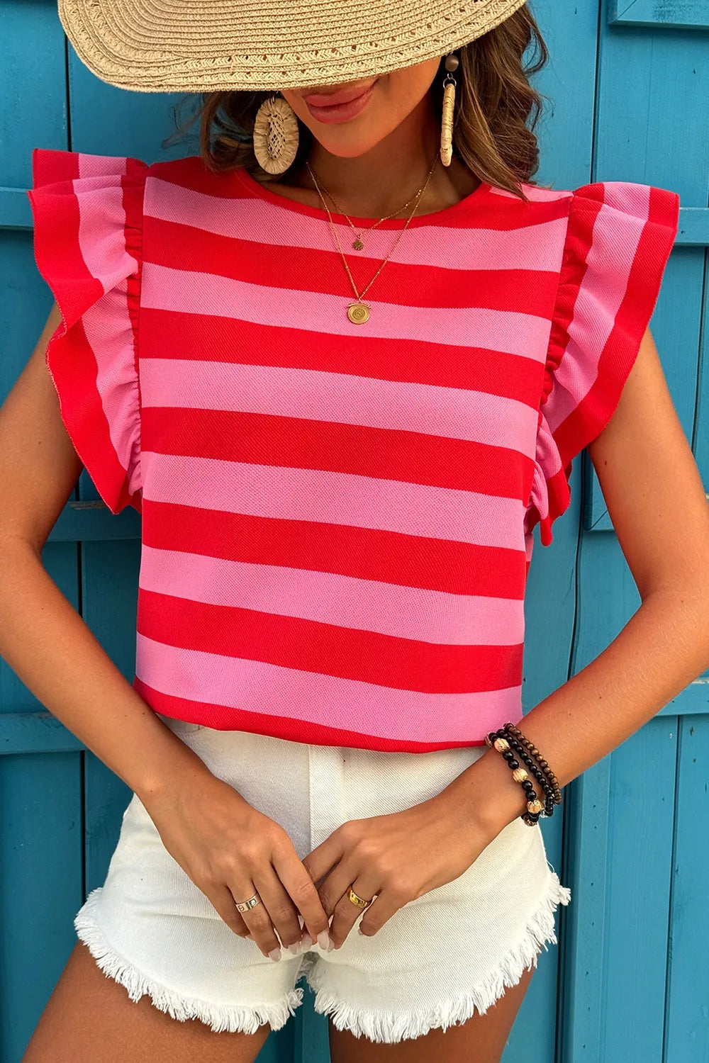 Striped Ruffle Sleeve Summer T-Shirt OutfitFlow
