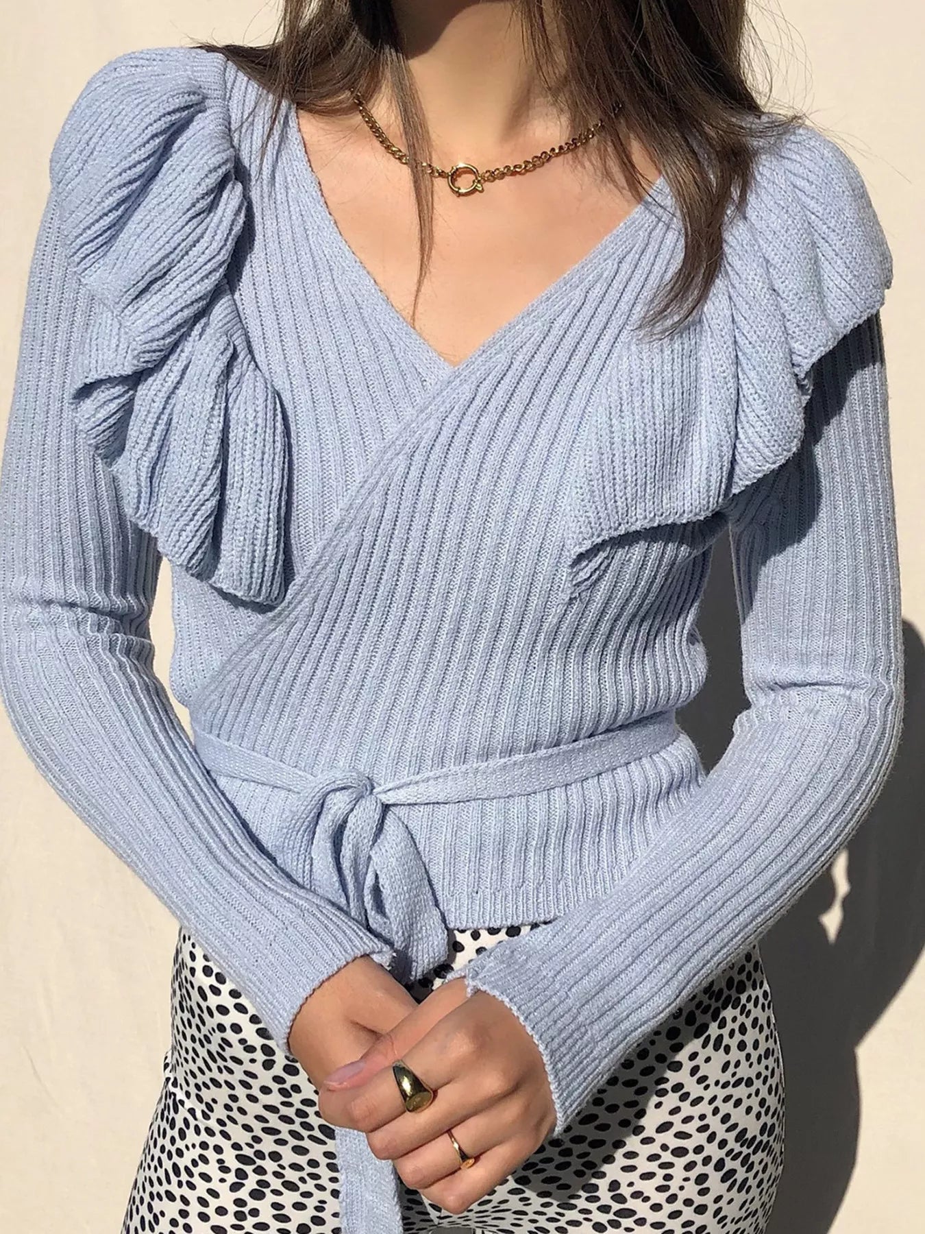 Ruffled Surplice Long Sleeve Knit Top Sky Blue OutfitFlow