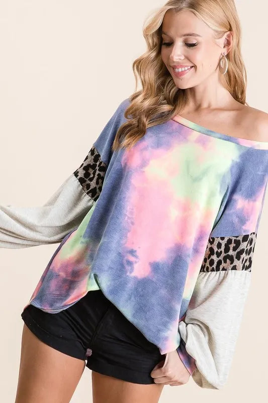 BiBi Tie Dye Terry Top with Contrast Puff Sleeves OutfitFlow