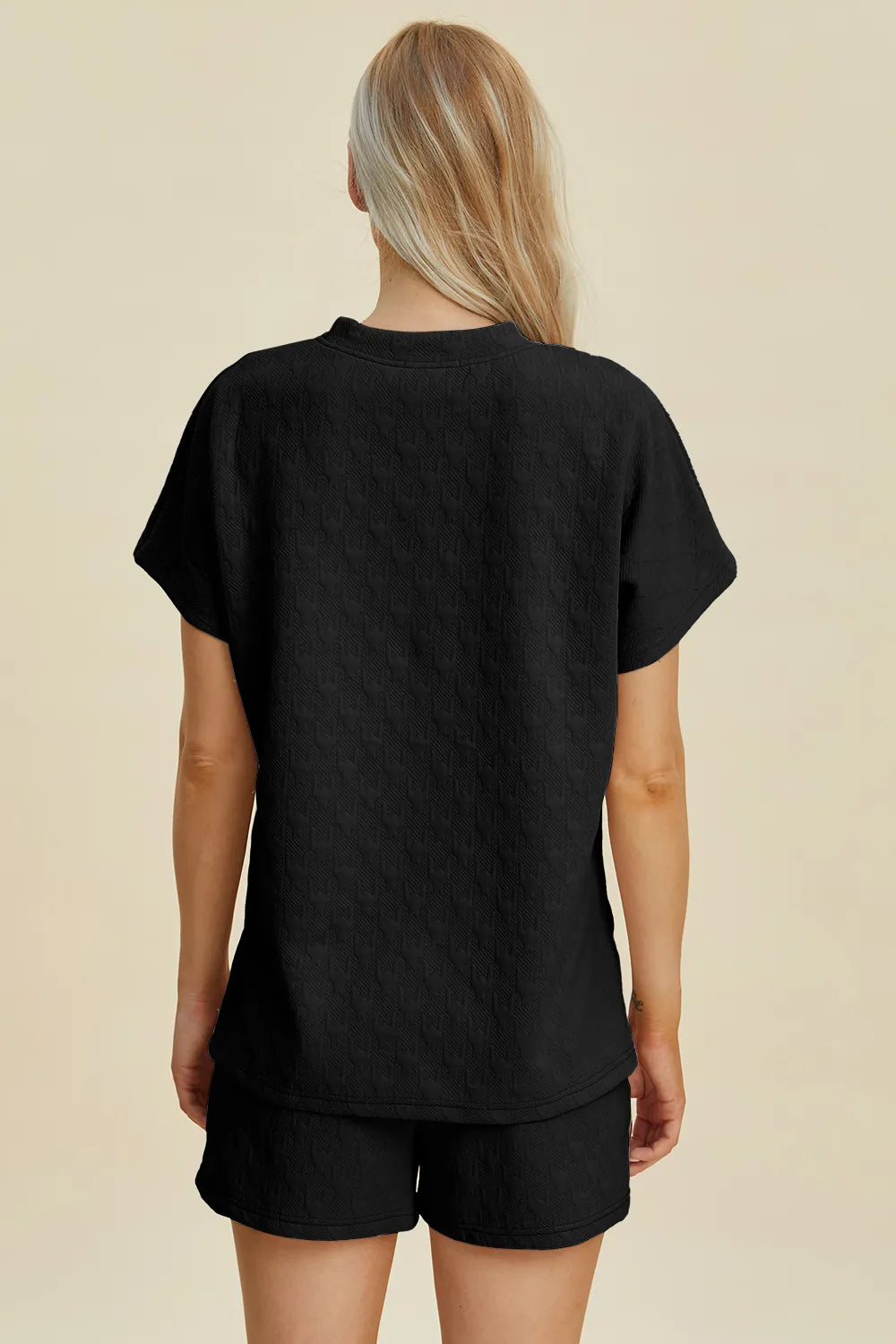 Double Take Full Size Texture Round Neck Short Sleeve Top and Shorts Set OutfitFlow