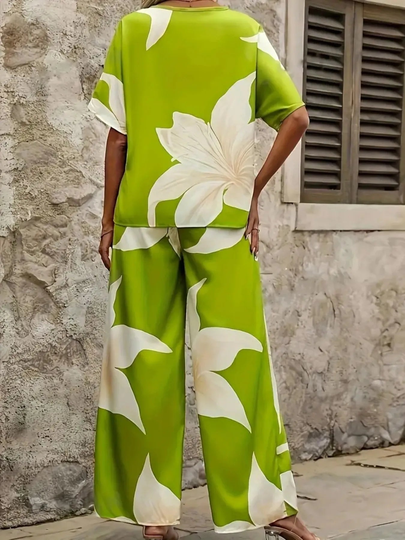 Printed V-Neck Top and Pants Set OutfitFlow