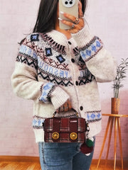 Geometric Pattern Button Up Long Sleeve Cardigan OutfitFlow
