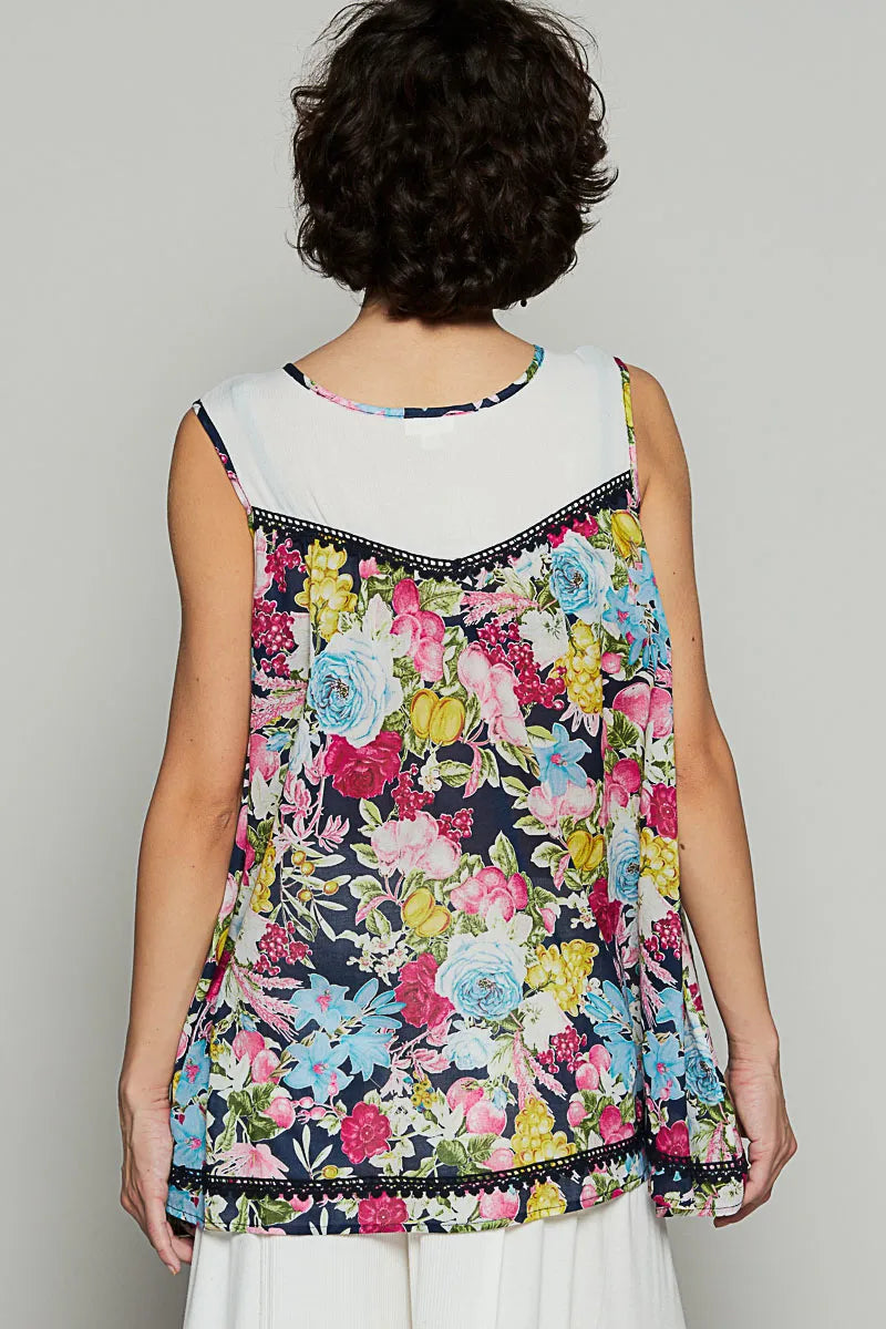 POL Lace Detail Floral Print Sleeveless Blouse OutfitFlow