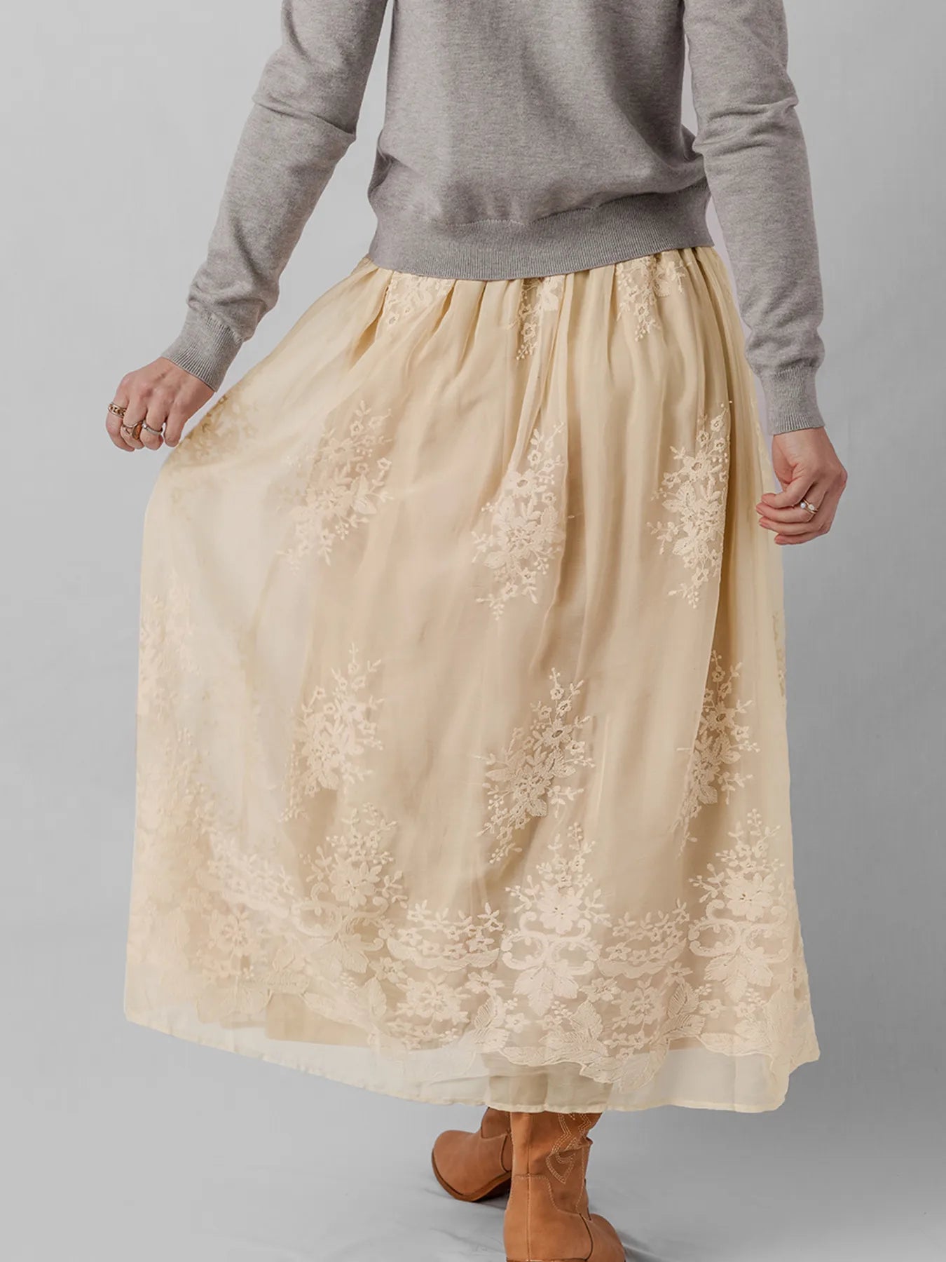 Embroidered Mesh Overlay Flowy Midi Skirt OutfitFlow