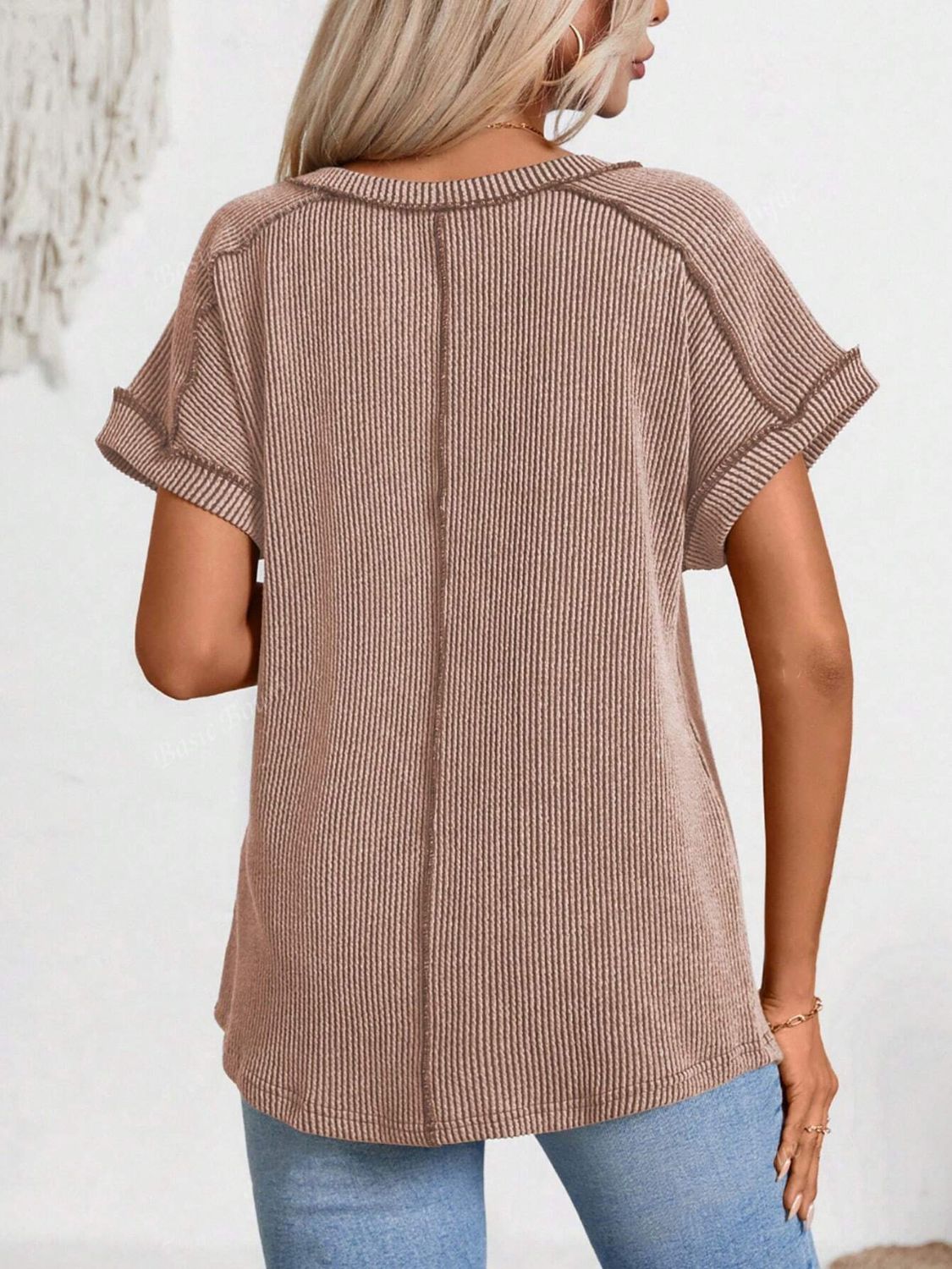 Exposed Seam V-Neck Short Sleeve Top OutfitFlow
