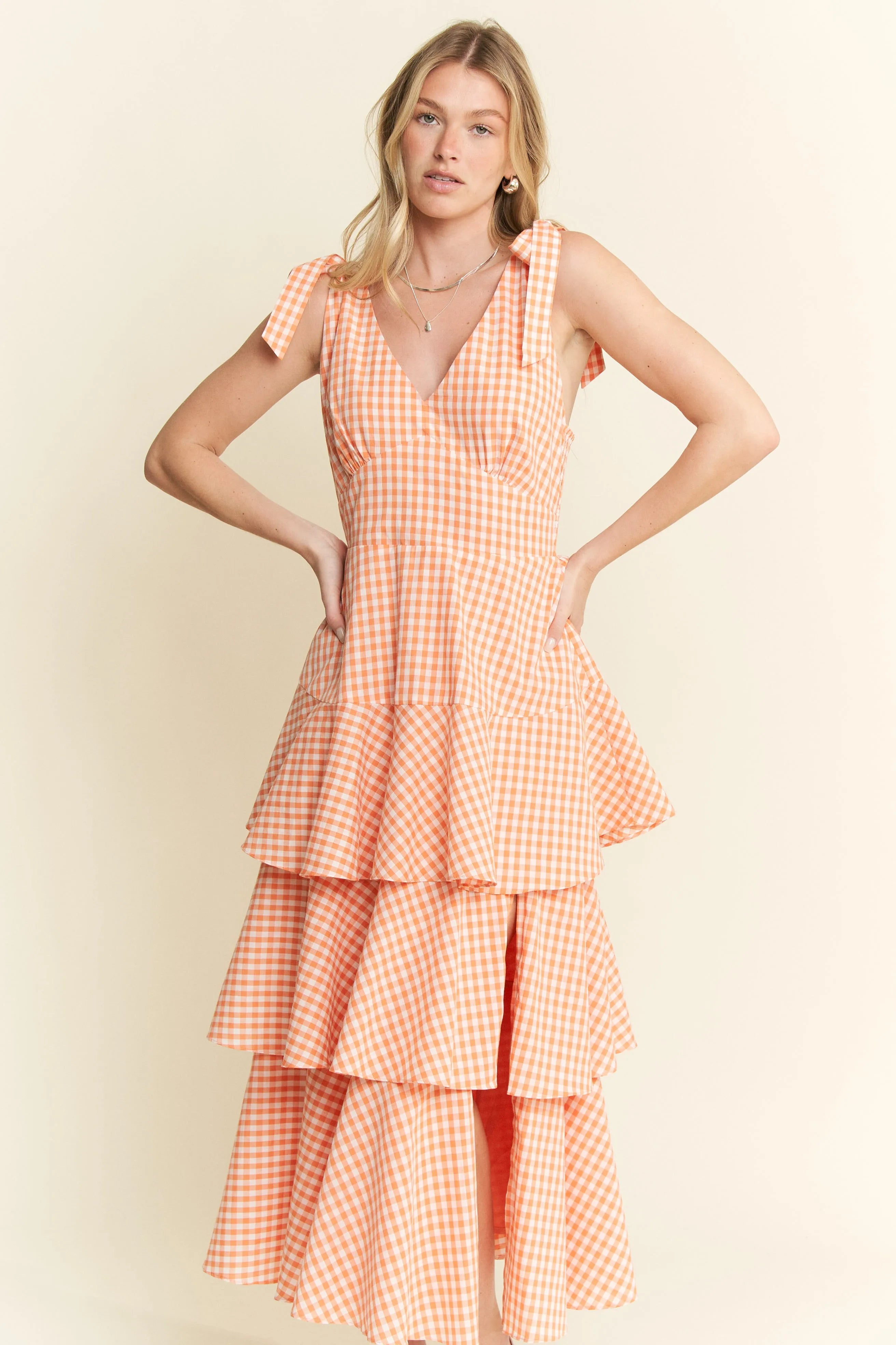 Jade By Jane Sleeveless Gingham Print Tiered Midi Dress OutfitFlow