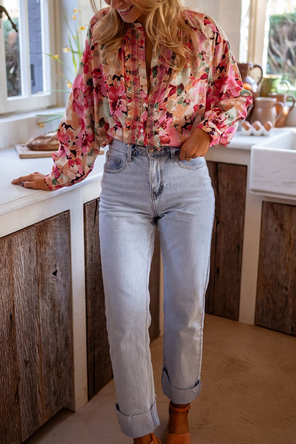 Outfit Flow - Frill Floral Button Down Long Sleeve Shirt