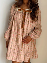 Floral Print Bow Lace Patchwork Long Sleeve Loose Mini Dress Pale Blush Trendsi