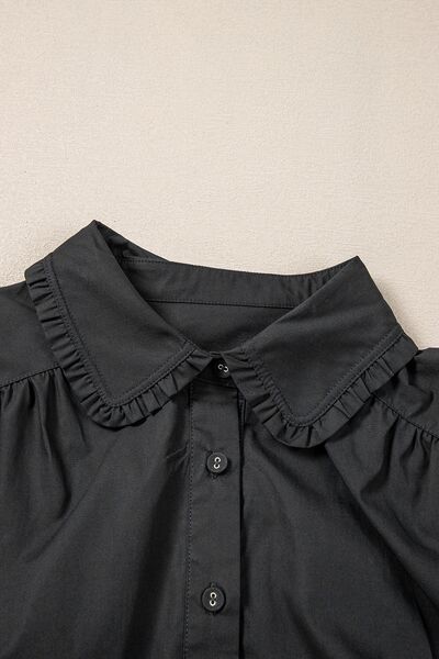Button Down Puff Sleeve Ruffle Hem Dress OutfitFlow