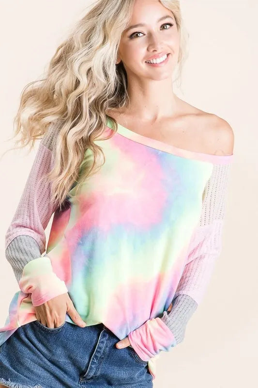 BiBi Tie Dye Terry Top with Color Block Pointelle Knit OutfitFlow