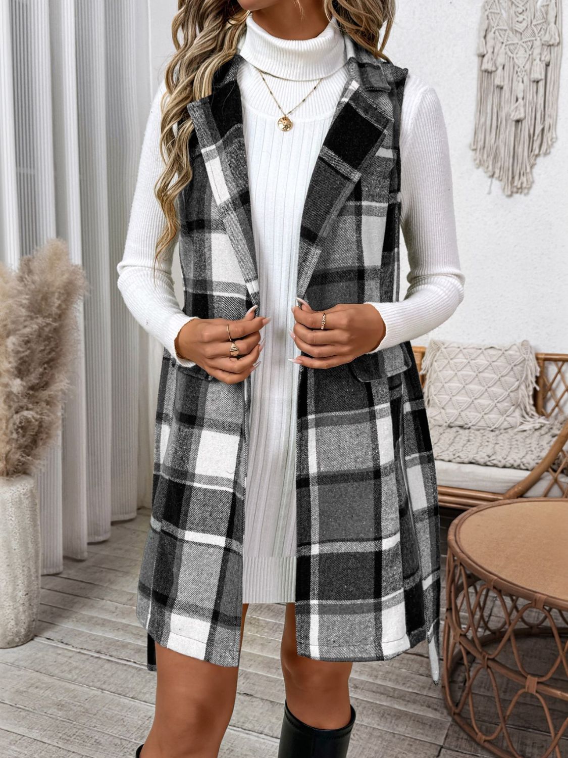 Outfit Flow - Perfee Tied Plaid Vest Coat