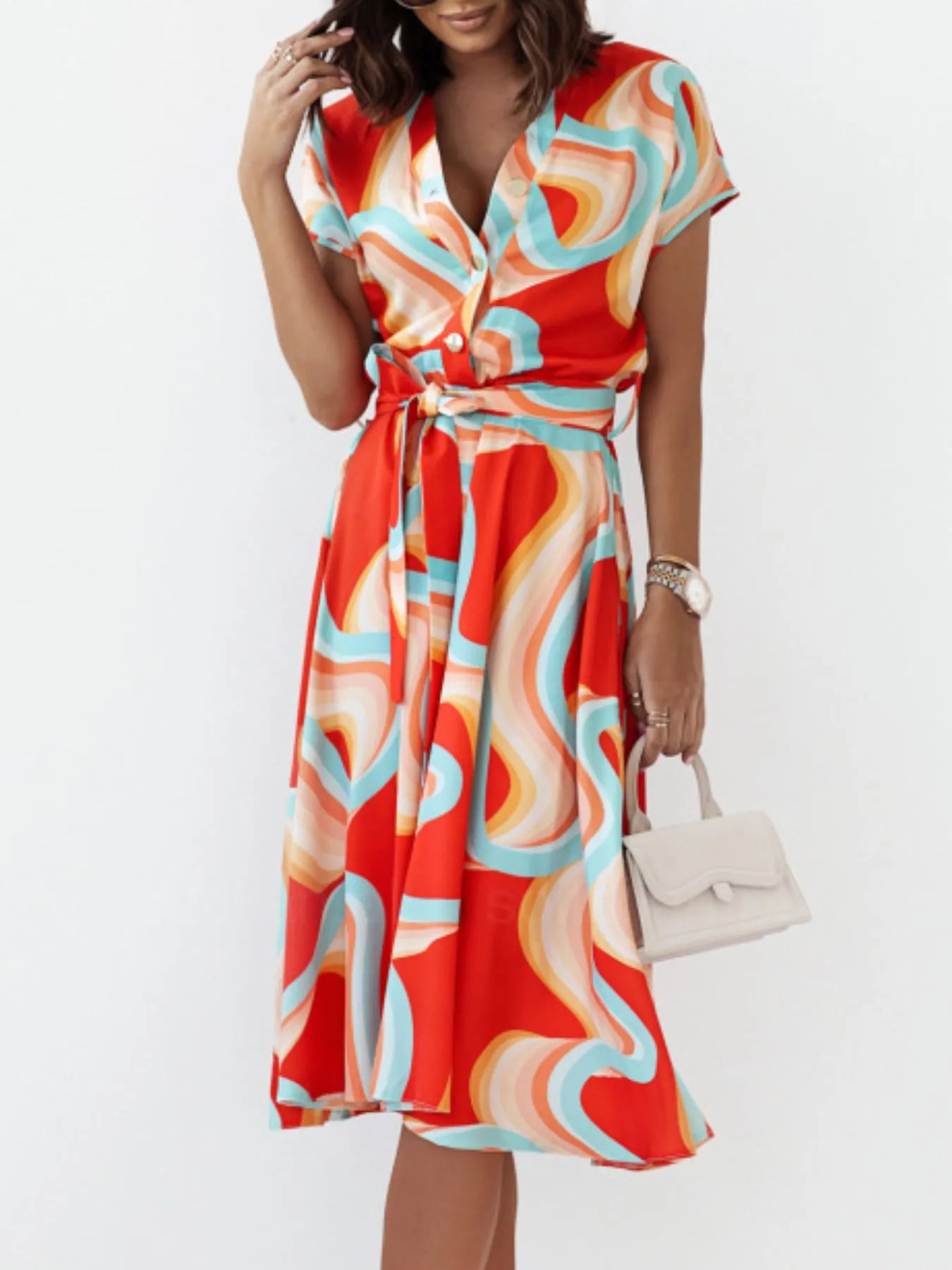 Printed Button Front Midi Dress with Belt Red OutfitFlow