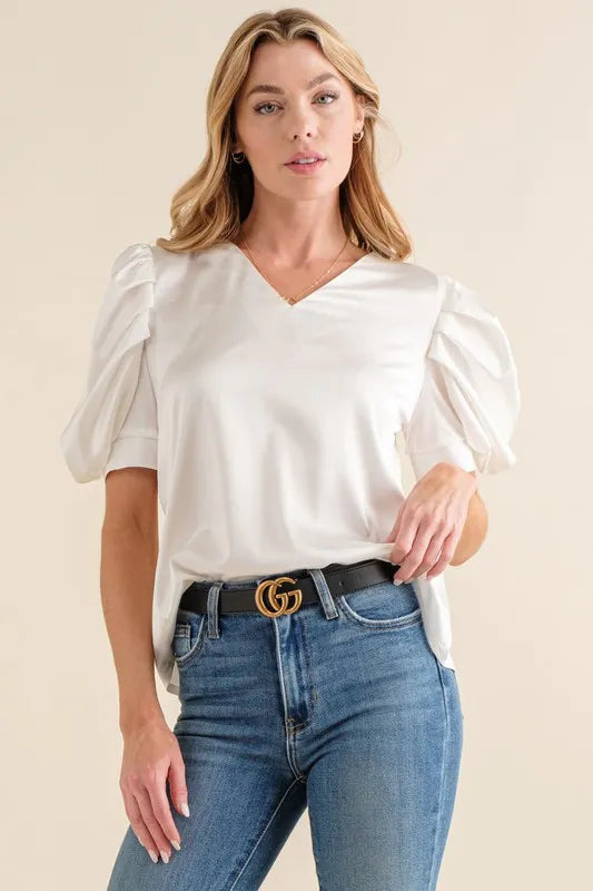 And The Why Plain Satin Puff Shirring V Neck Blouse Top WHITE OutfitFlow