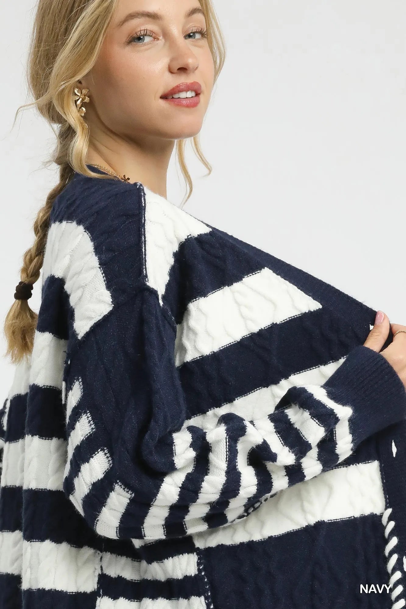 Umgee Cable-Knit Stripe Button-Up Cardigan Trendsi