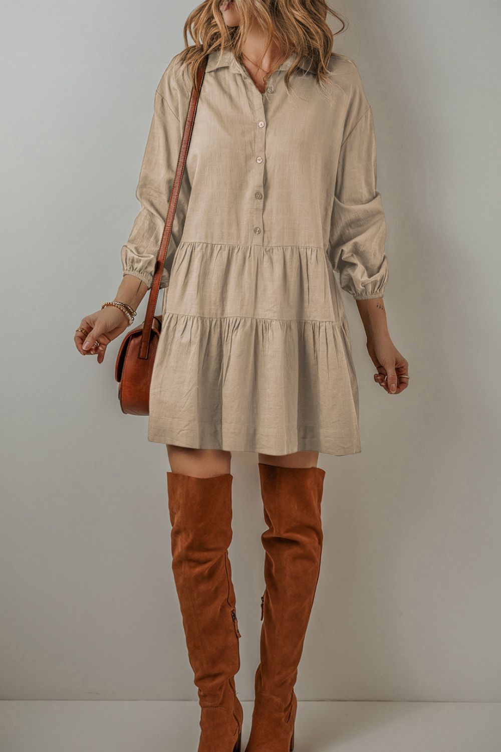 Outfit Flow - Tiered Collared Neck Balloon Sleeve Shirt Dress