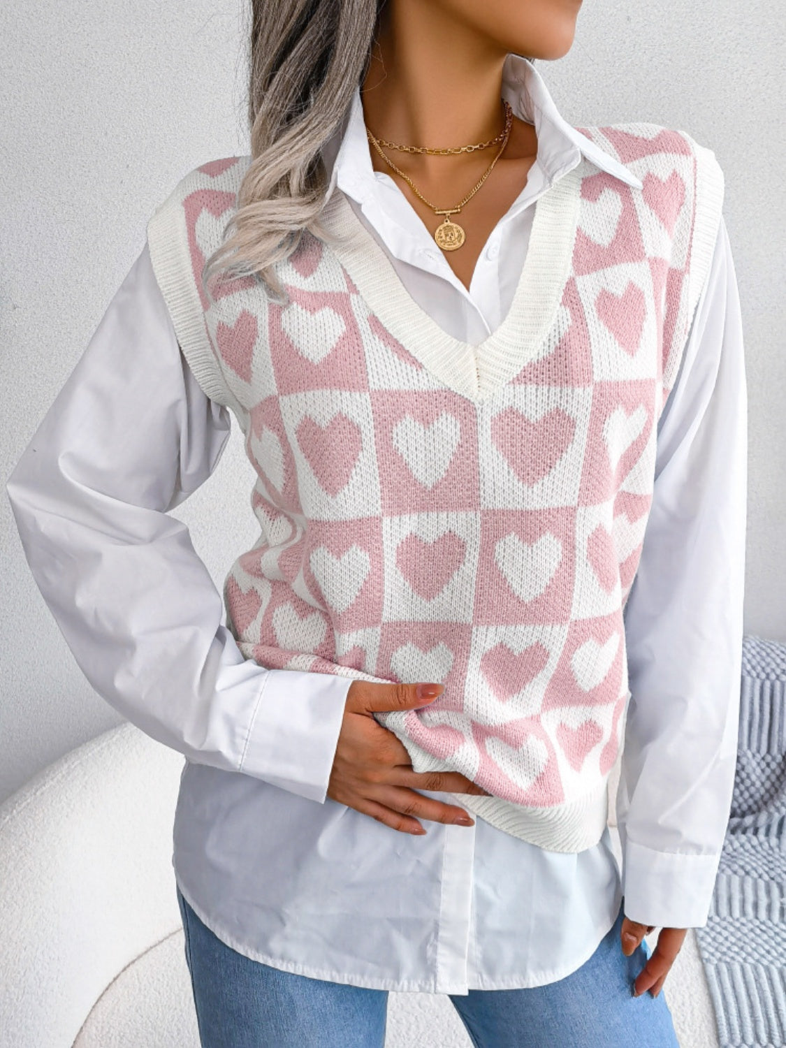 Heart V-Neck Sweater Vest Blush Pink OutfitFlow