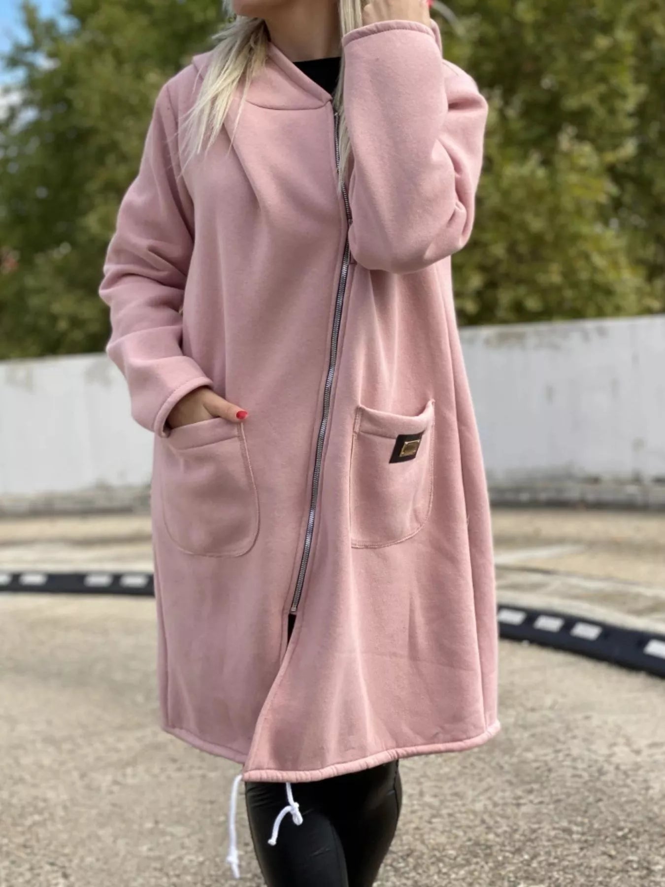 Full Size Asymmetrical Zip-Up Hooded Fleece Outerwear Plus Size Pink Trendsi