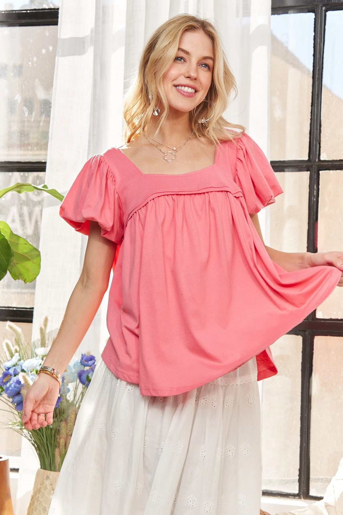 ADORA Princess Sleeves Garment Washed Top ROSE OutfitFlow