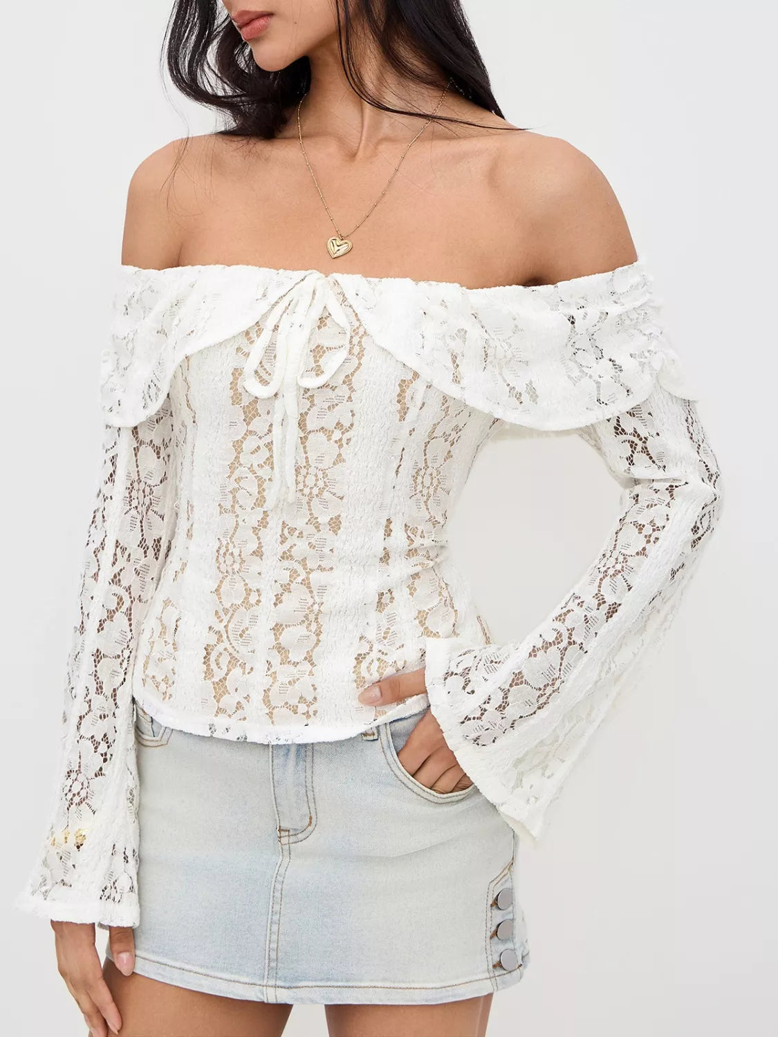 Off-Shoulder Lace Top with Bell Sleeves OutfitFlow