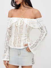 Off-Shoulder Lace Top with Bell Sleeves OutfitFlow