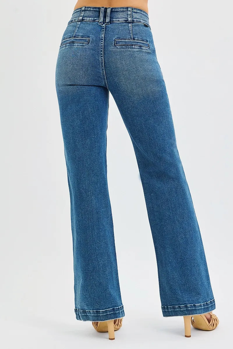 RISEN Full Size Tummy Control High Rise Bootcut Jeans with Double Button Waistband Plus Size Trendsi