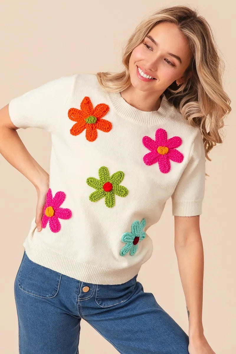 BiBi Crochet Flower Patch Sweater Top OutfitFlow