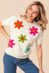 BiBi Crochet Flower Patch Sweater Top OutfitFlow