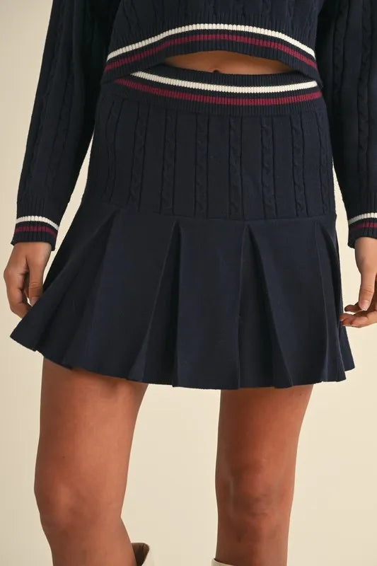 MABLE Cable-Knit Top and Pleated Skirt Sweater Set OutfitFlow