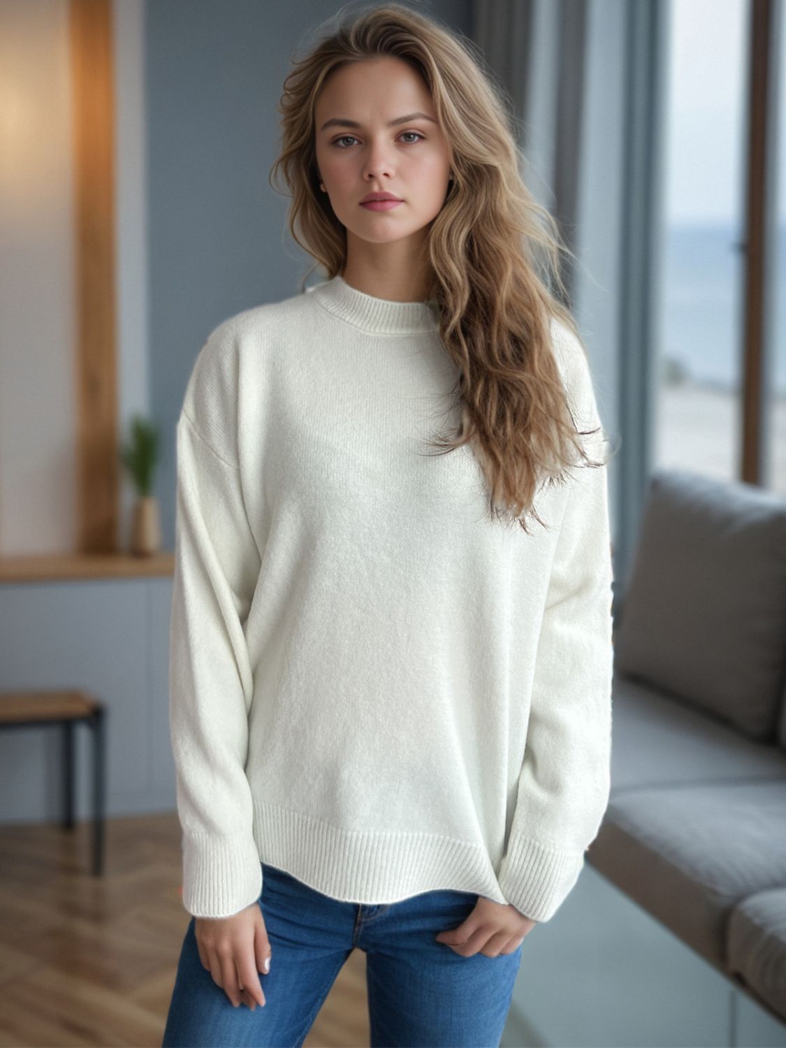 Outfit Flow - Round Neck Drop Shoulder Long Sleeve Sweater